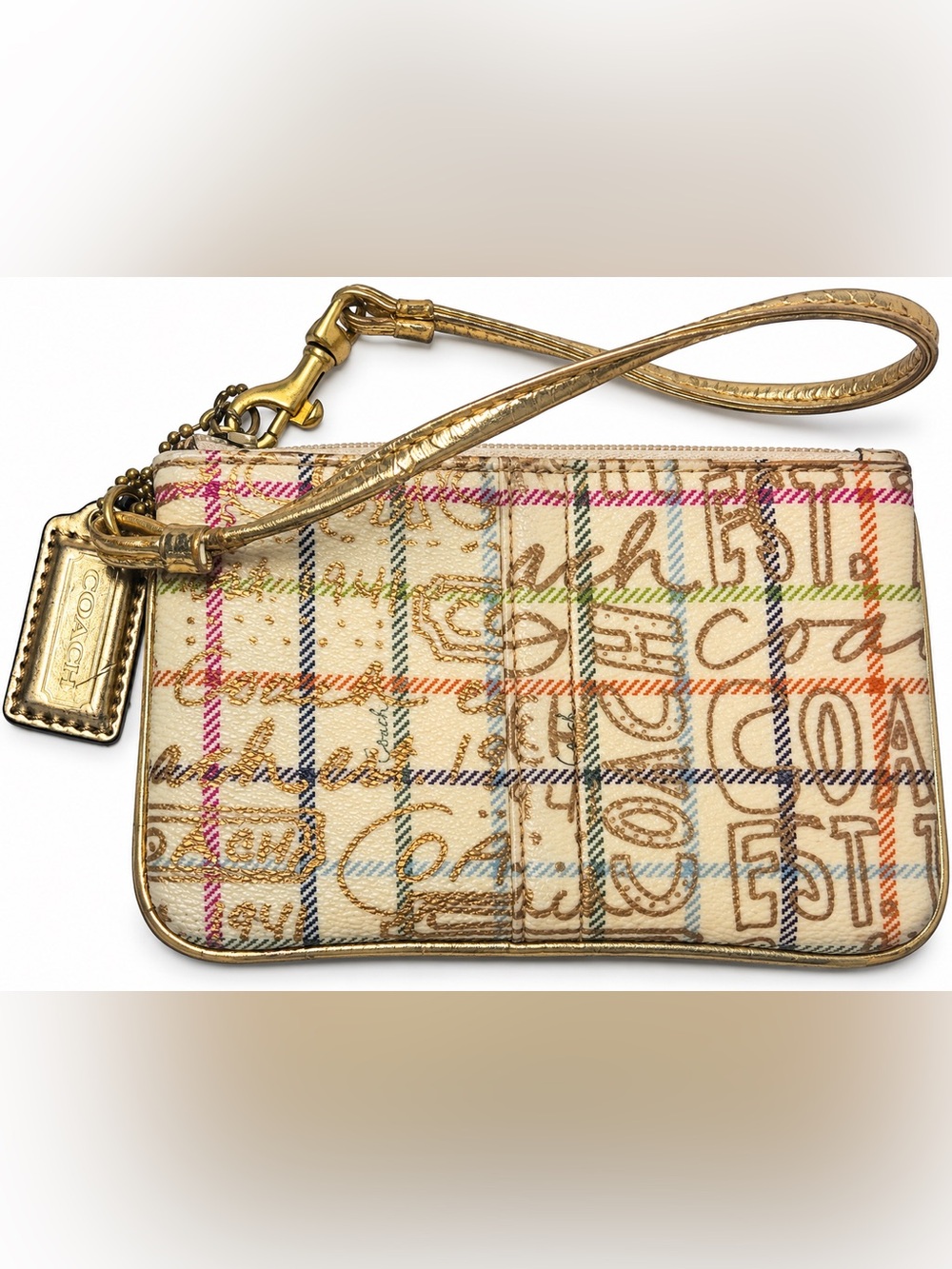 Coach Multicolor Plaid Signature Wristlet Cream Heritage Graffiti Tattersall